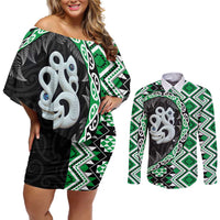 Green Taniko Motif Aotearoa Manaia and Silver Fern Couples Matching Off Shoulder Short Dress and Long Sleeve Button Shirt