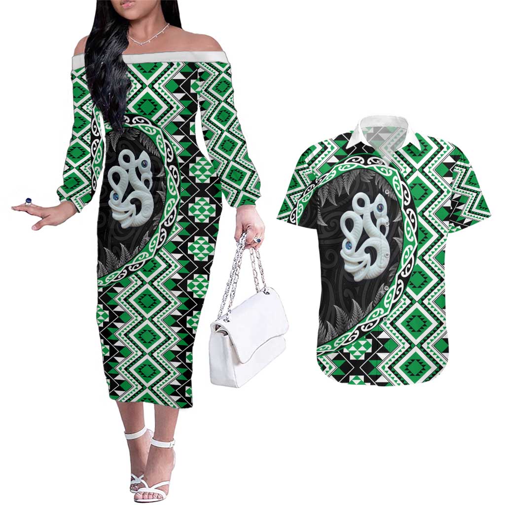 Green Taniko Motif Aotearoa Manaia and Silver Fern Couples Matching Off The Shoulder Long Sleeve Dress and Hawaiian Shirt