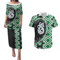 Green Taniko Motif Aotearoa Manaia and Silver Fern Couples Matching Puletasi and Hawaiian Shirt