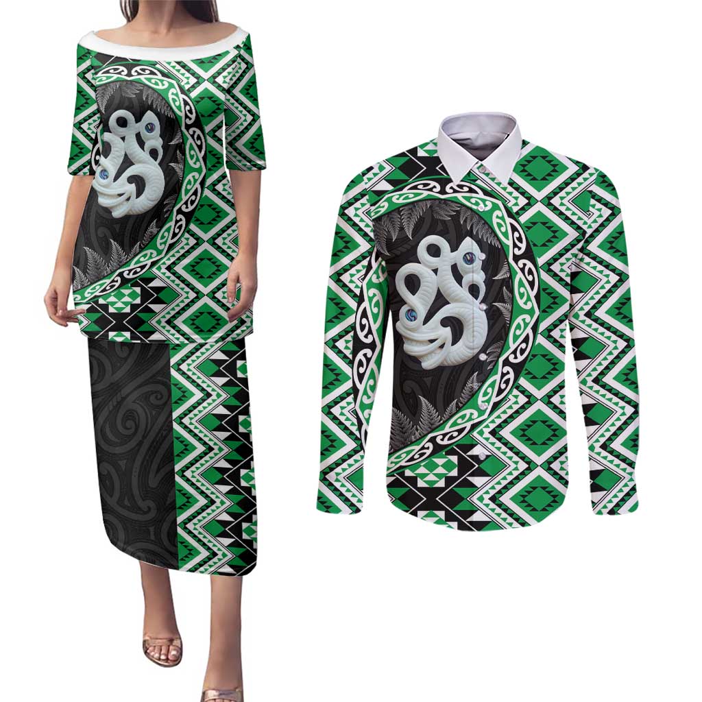 Green Taniko Motif Aotearoa Manaia and Silver Fern Couples Matching Puletasi and Long Sleeve Button Shirt