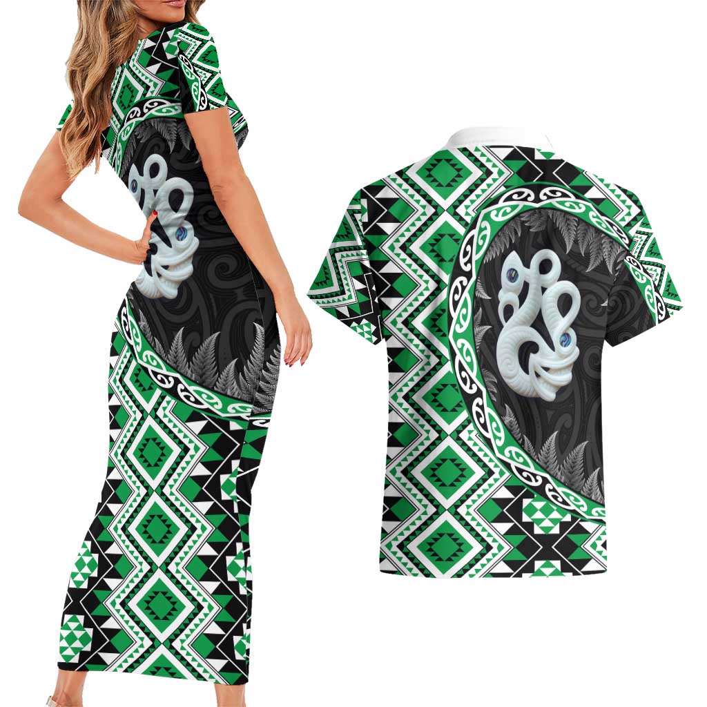 Green Taniko Motif Aotearoa Manaia and Silver Fern Couples Matching Short Sleeve Bodycon Dress and Hawaiian Shirt