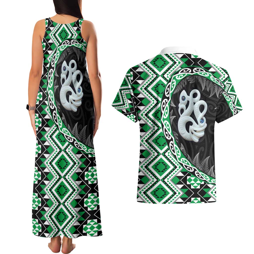 Green Taniko Motif Aotearoa Manaia and Silver Fern Couples Matching Tank Maxi Dress and Hawaiian Shirt