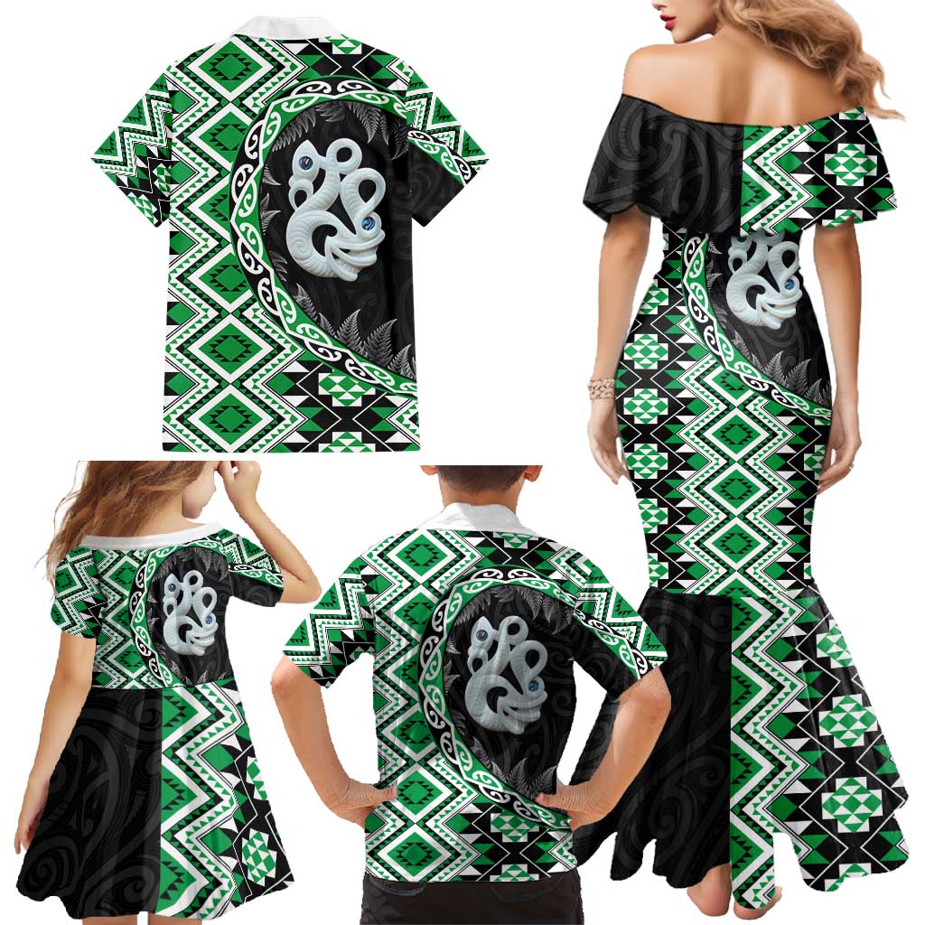 Green Taniko Motif Aotearoa Manaia and Silver Fern Family Matching Mermaid Dress and Hawaiian Shirt
