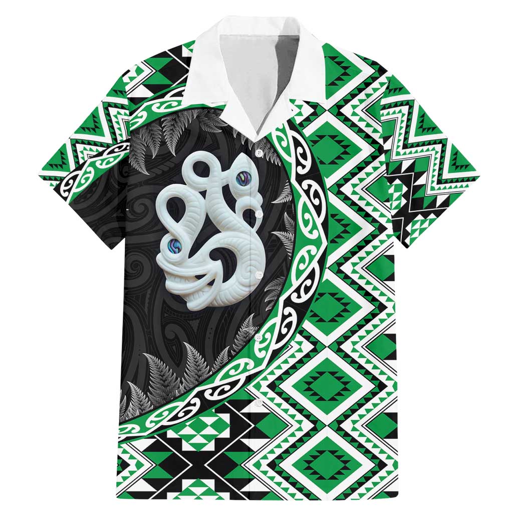Green Taniko Motif Aotearoa Manaia and Silver Fern Family Matching Mermaid Dress and Hawaiian Shirt