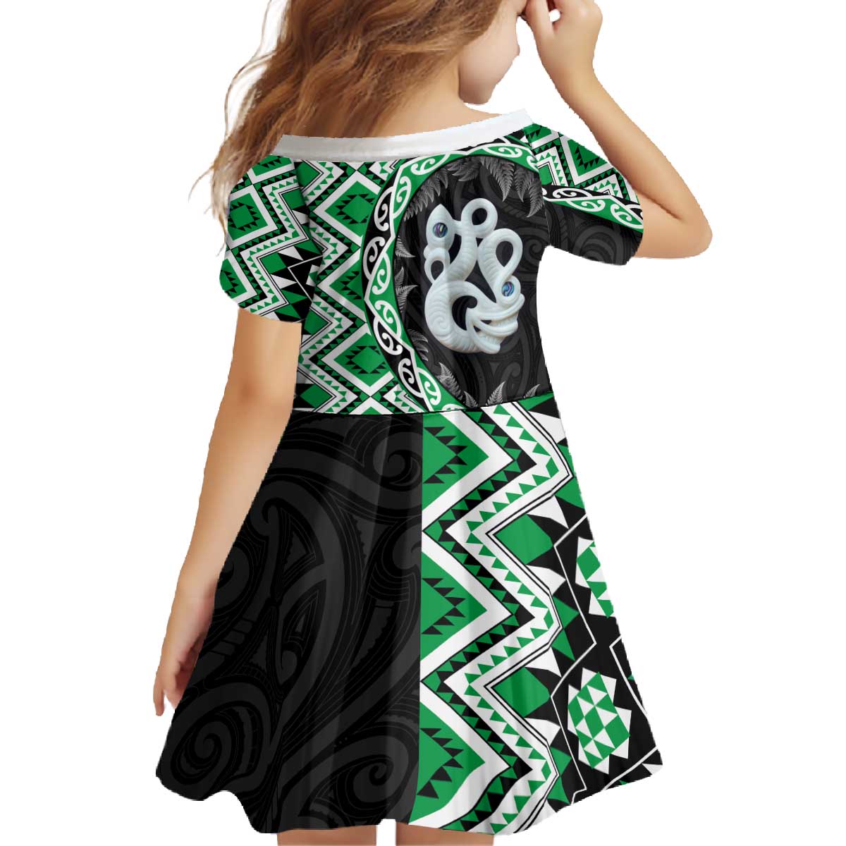 Green Taniko Motif Aotearoa Manaia and Silver Fern Family Matching Off The Shoulder Long Sleeve Dress and Hawaiian Shirt