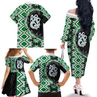 Green Taniko Motif Aotearoa Manaia and Silver Fern Family Matching Off The Shoulder Long Sleeve Dress and Hawaiian Shirt