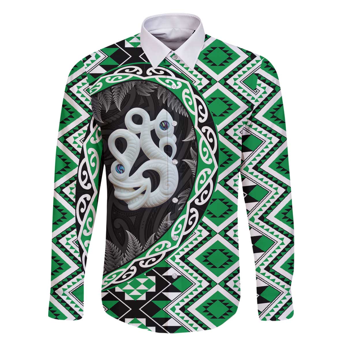 Green Taniko Motif Aotearoa Manaia and Silver Fern Family Matching Off The Shoulder Long Sleeve Dress and Hawaiian Shirt