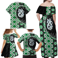 Green Taniko Motif Aotearoa Manaia and Silver Fern Family Matching Off Shoulder Maxi Dress and Hawaiian Shirt