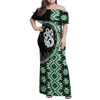 Green Taniko Motif Aotearoa Manaia and Silver Fern Family Matching Off Shoulder Maxi Dress and Hawaiian Shirt