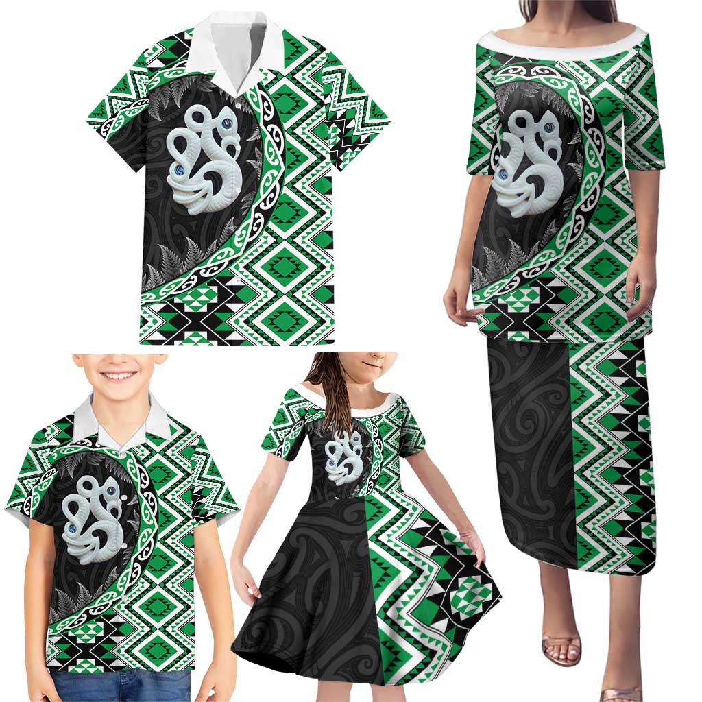 Green Taniko Motif Aotearoa Manaia and Silver Fern Family Matching Puletasi and Hawaiian Shirt