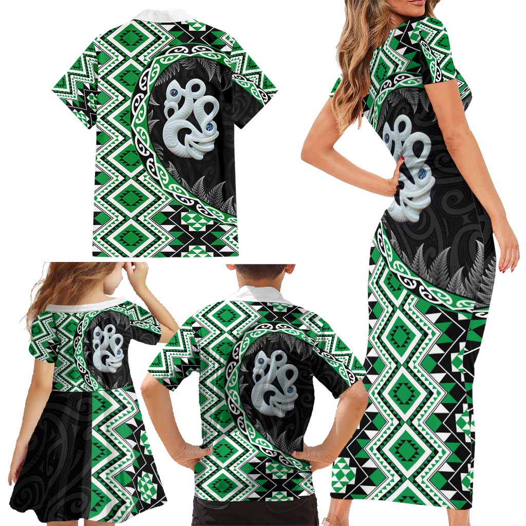 Green Taniko Motif Aotearoa Manaia and Silver Fern Family Matching Short Sleeve Bodycon Dress and Hawaiian Shirt