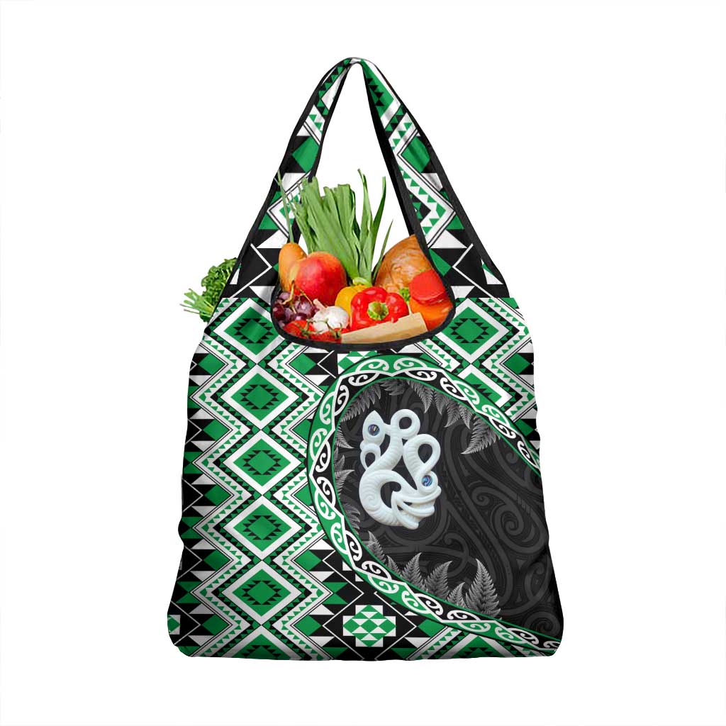 Green Taniko Motif Aotearoa Manaia and Silver Fern Grocery Bag