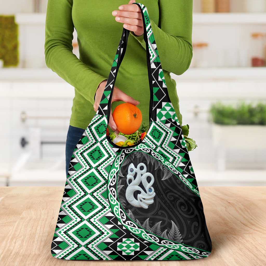 Green Taniko Motif Aotearoa Manaia and Silver Fern Grocery Bag