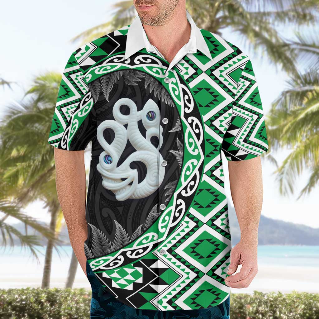Green Taniko Motif Aotearoa Manaia and Silver Fern Hawaiian Shirt