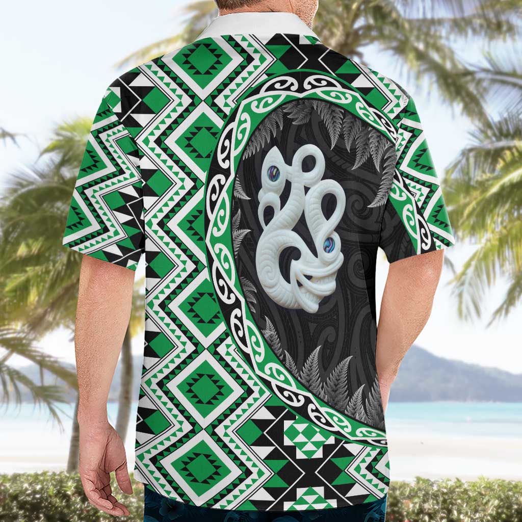 Green Taniko Motif Aotearoa Manaia and Silver Fern Hawaiian Shirt