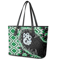 Green Taniko Motif Aotearoa Manaia and Silver Fern Leather Tote Bag