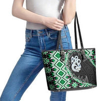 Green Taniko Motif Aotearoa Manaia and Silver Fern Leather Tote Bag