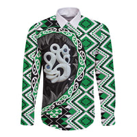 Green Taniko Motif Aotearoa Manaia and Silver Fern Long Sleeve Button Shirt