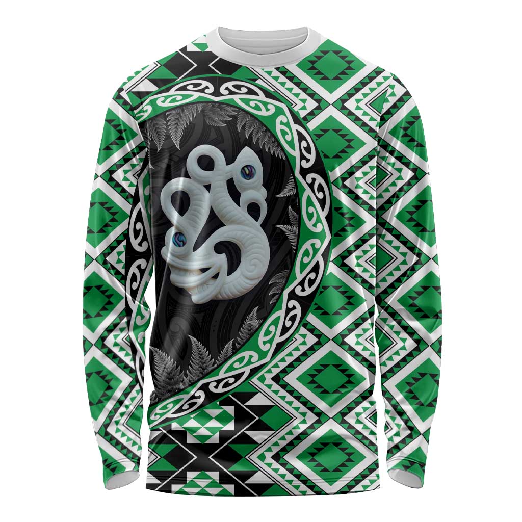 Green Taniko Motif Aotearoa Manaia and Silver Fern Long Sleeve Shirt