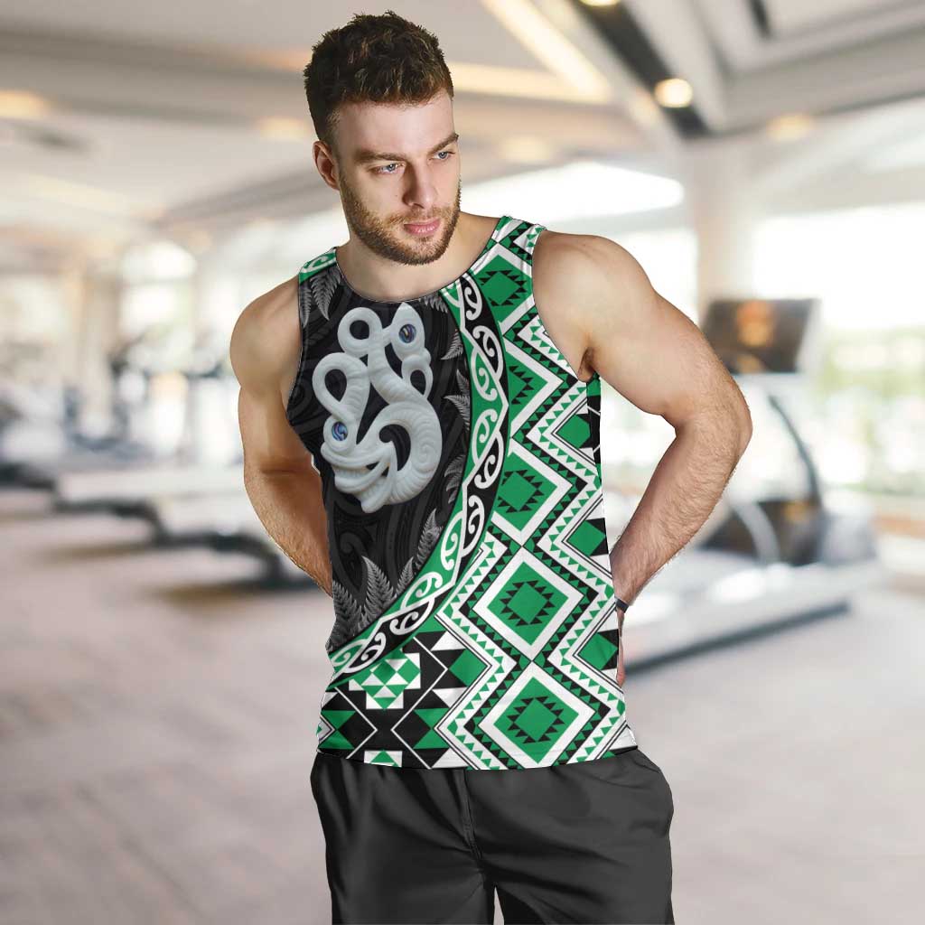Green Taniko Motif Aotearoa Manaia and Silver Fern Men Tank Top