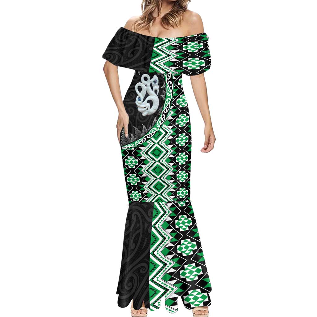 Green Taniko Motif Aotearoa Manaia and Silver Fern Mermaid Dress