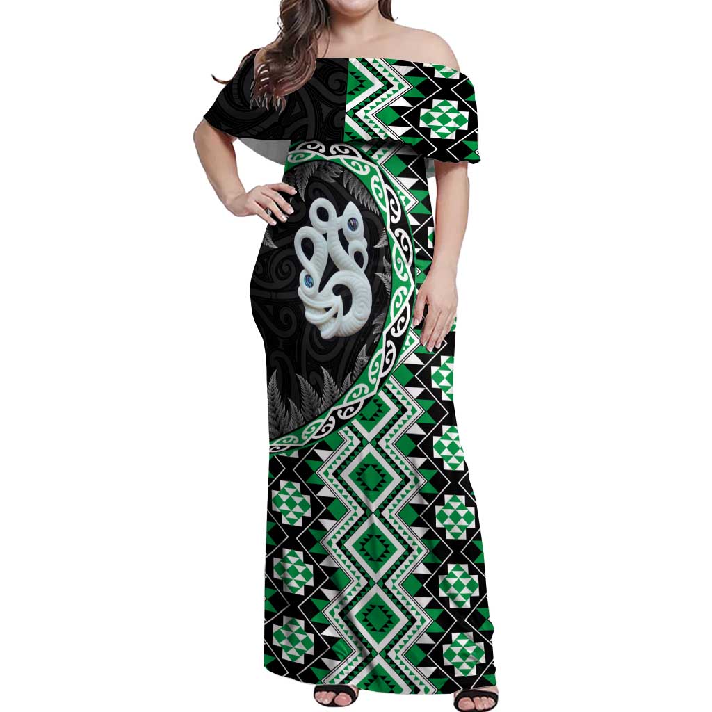 Green Taniko Motif Aotearoa Manaia and Silver Fern Off Shoulder Maxi Dress
