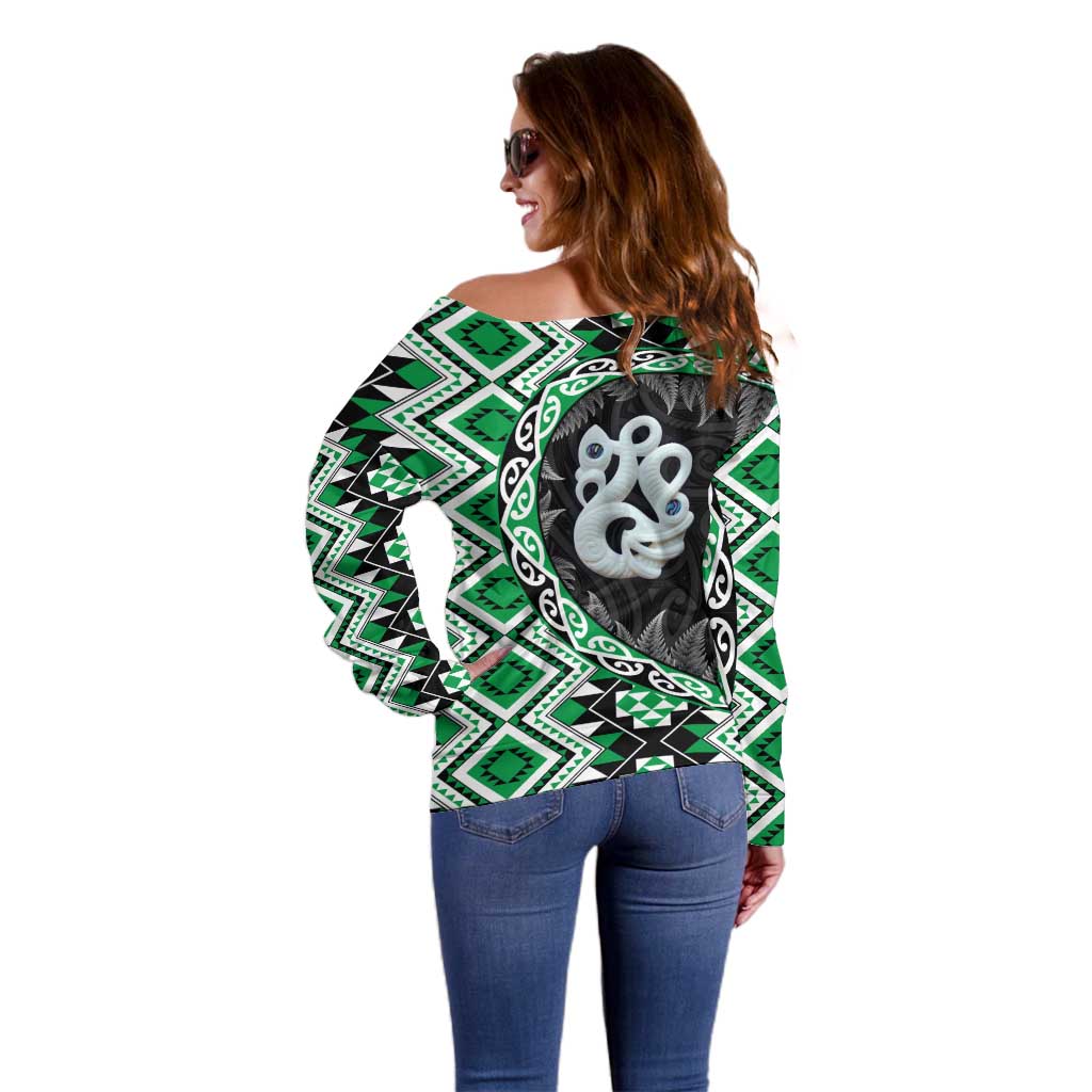 Green Taniko Motif Aotearoa Manaia and Silver Fern Off Shoulder Sweater