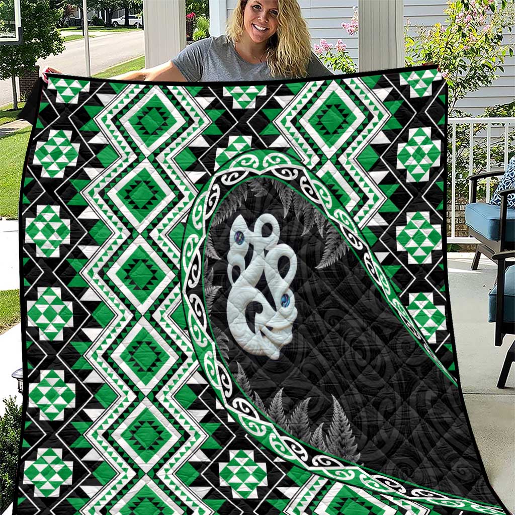 Green Taniko Motif Aotearoa Manaia and Silver Fern Quilt LT03 Green - Polynesian Pride