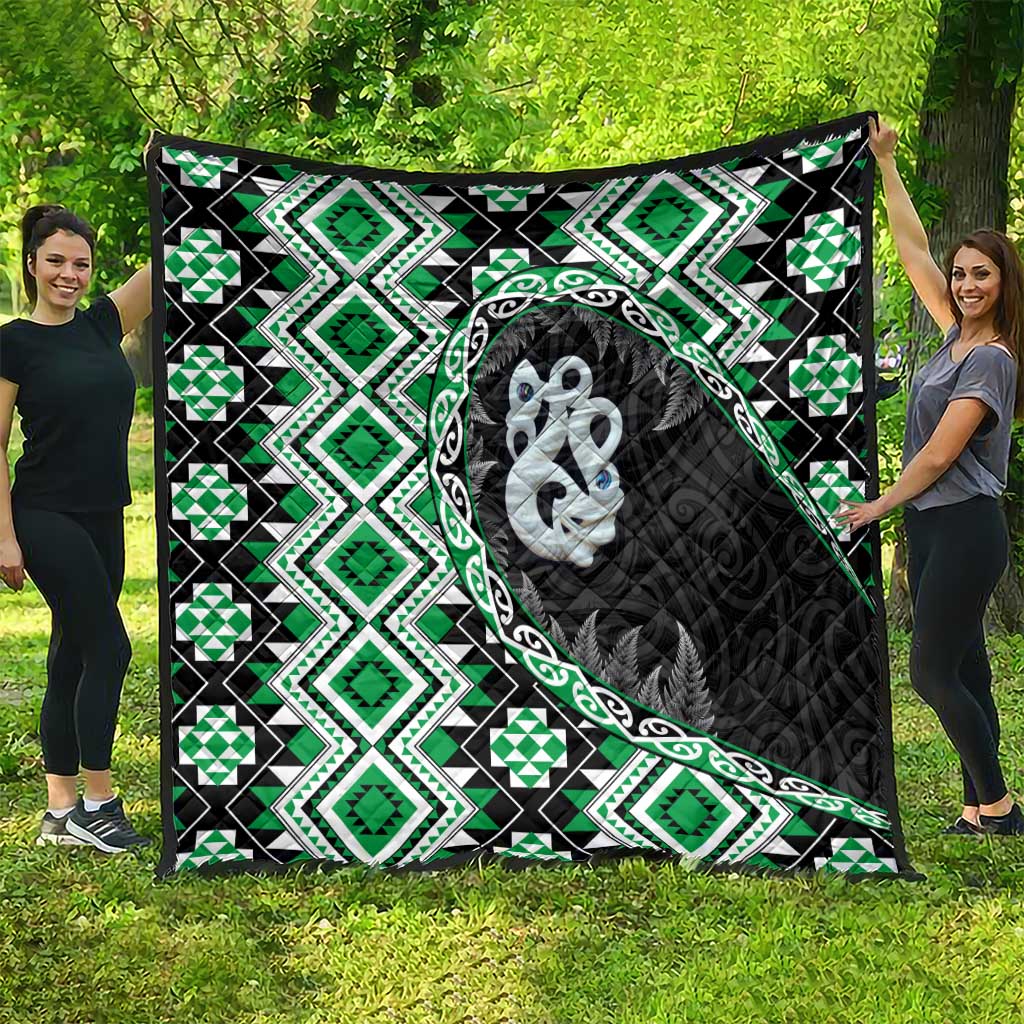 Green Taniko Motif Aotearoa Manaia and Silver Fern Quilt LT03 - Polynesian Pride