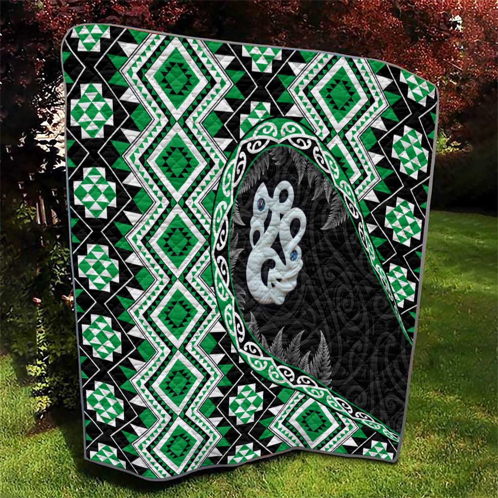 Green Taniko Motif Aotearoa Manaia and Silver Fern Quilt LT03 - Polynesian Pride