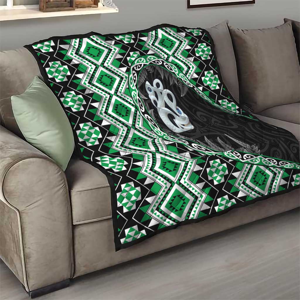 Green Taniko Motif Aotearoa Manaia and Silver Fern Quilt LT03 - Polynesian Pride