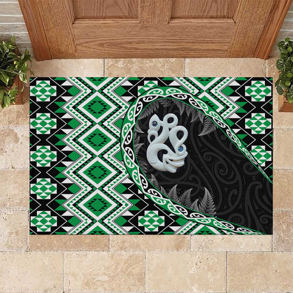 Green Taniko Motif Aotearoa Manaia and Silver Fern Rubber Doormat