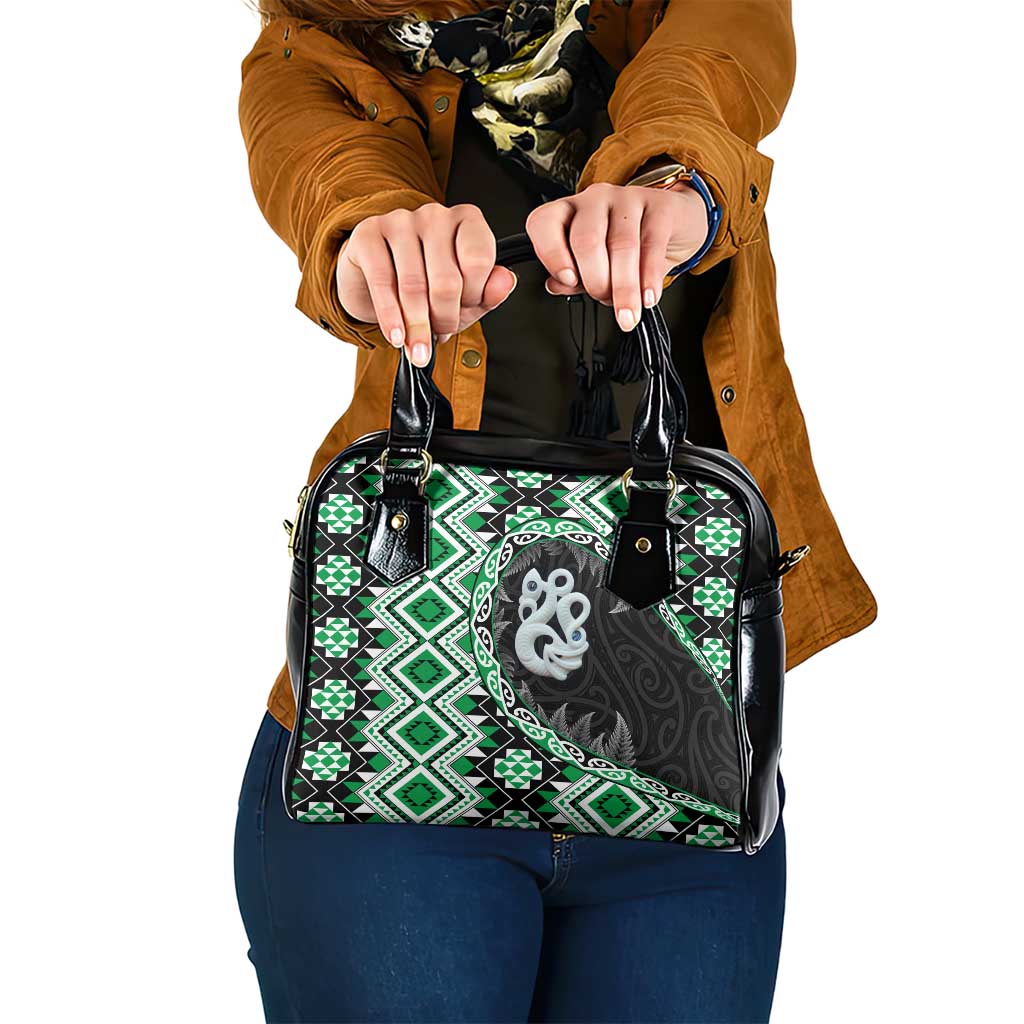 Green Taniko Motif Aotearoa Manaia and Silver Fern Shoulder Handbag