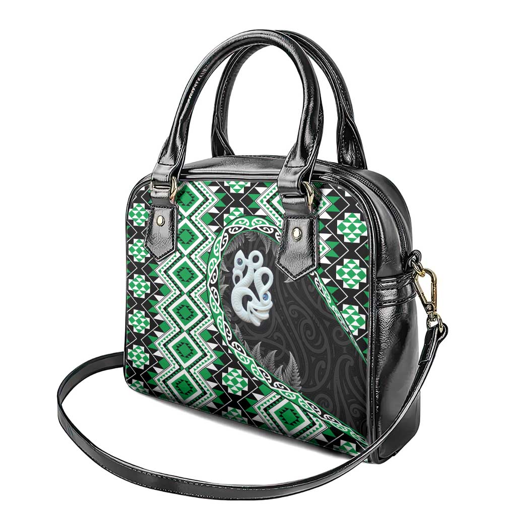 Green Taniko Motif Aotearoa Manaia and Silver Fern Shoulder Handbag