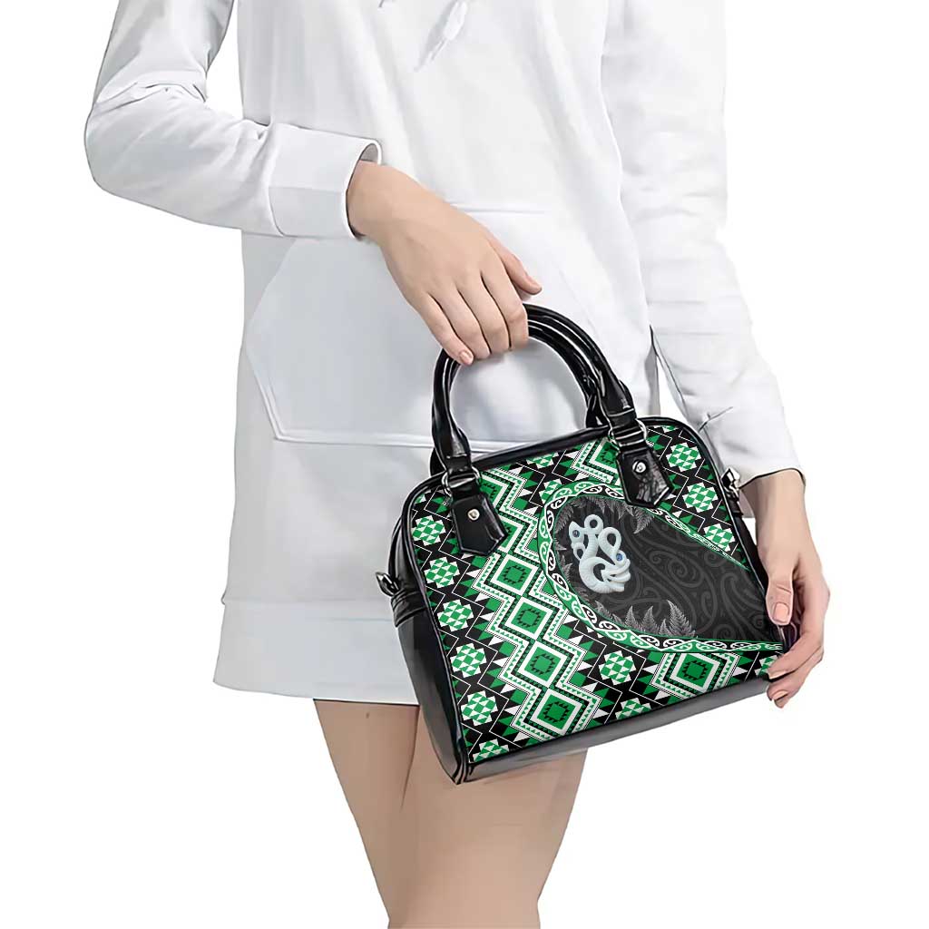Green Taniko Motif Aotearoa Manaia and Silver Fern Shoulder Handbag