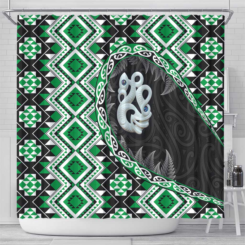 Green Taniko Motif Aotearoa Manaia and Silver Fern Shower Curtain