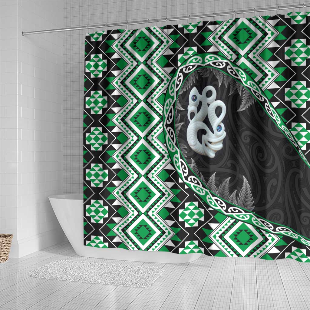 Green Taniko Motif Aotearoa Manaia and Silver Fern Shower Curtain