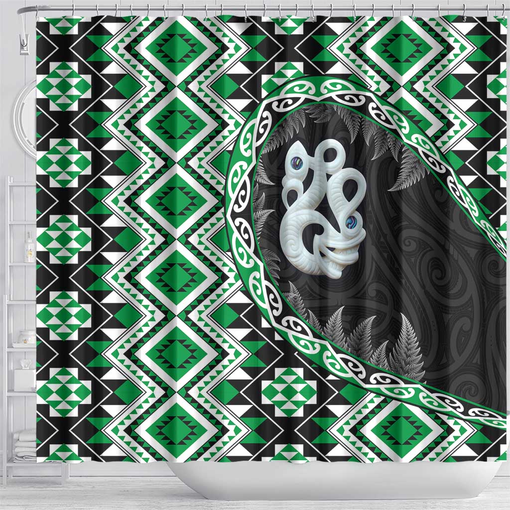 Green Taniko Motif Aotearoa Manaia and Silver Fern Shower Curtain