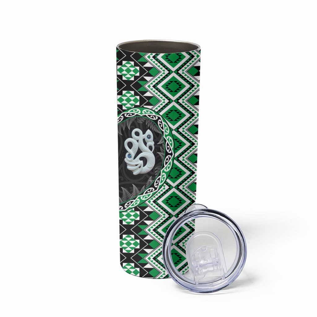 Green Taniko Motif Aotearoa Manaia and Silver Fern Skinny Tumbler