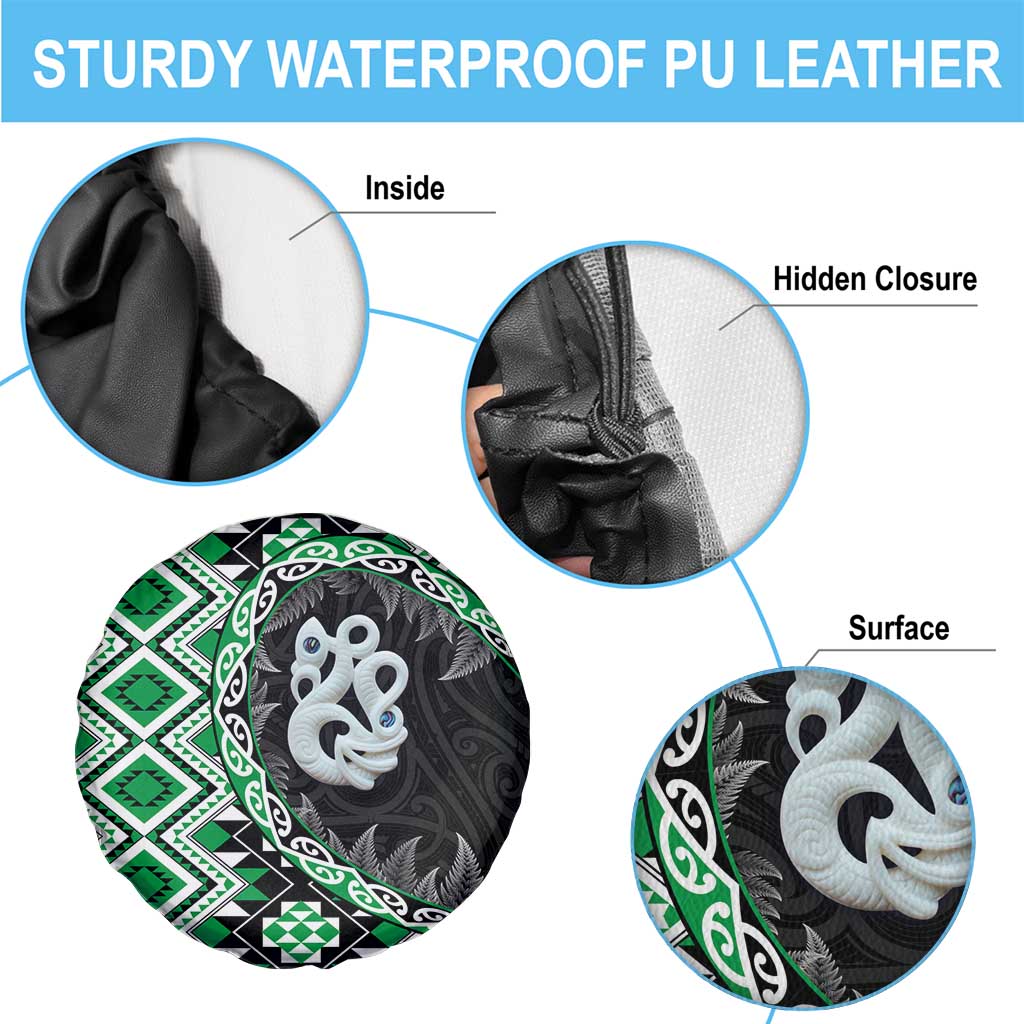 Green Taniko Motif Aotearoa Manaia and Silver Fern Spare Tire Cover