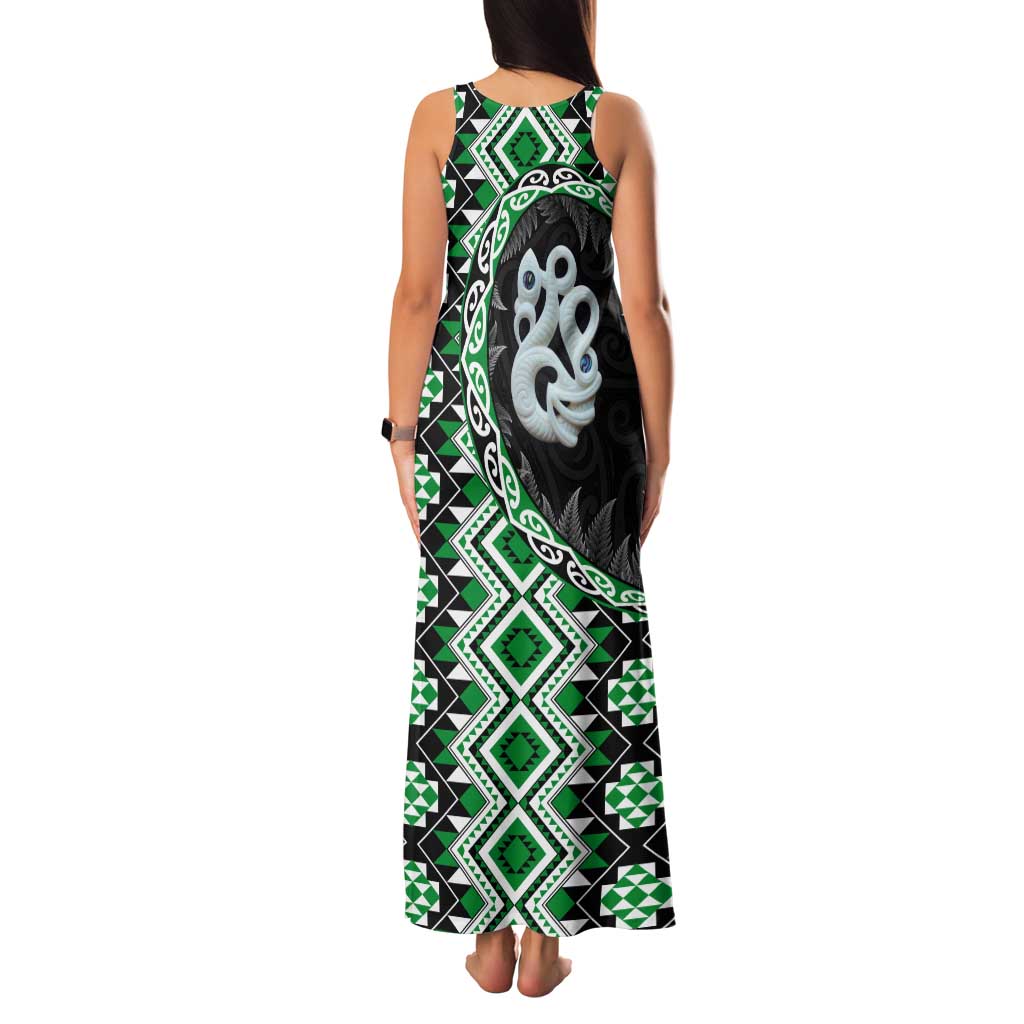 Green Taniko Motif Aotearoa Manaia and Silver Fern Tank Maxi Dress