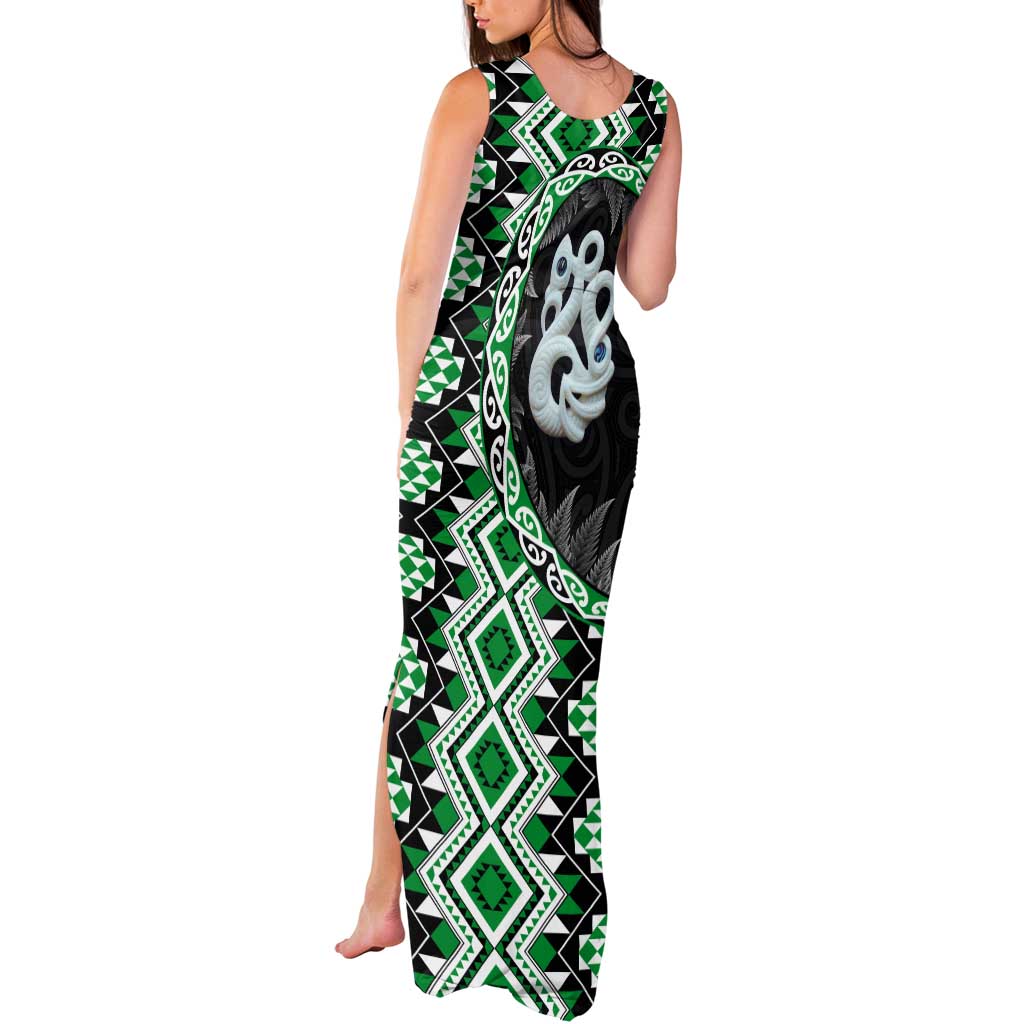 Green Taniko Motif Aotearoa Manaia and Silver Fern Tank Maxi Dress