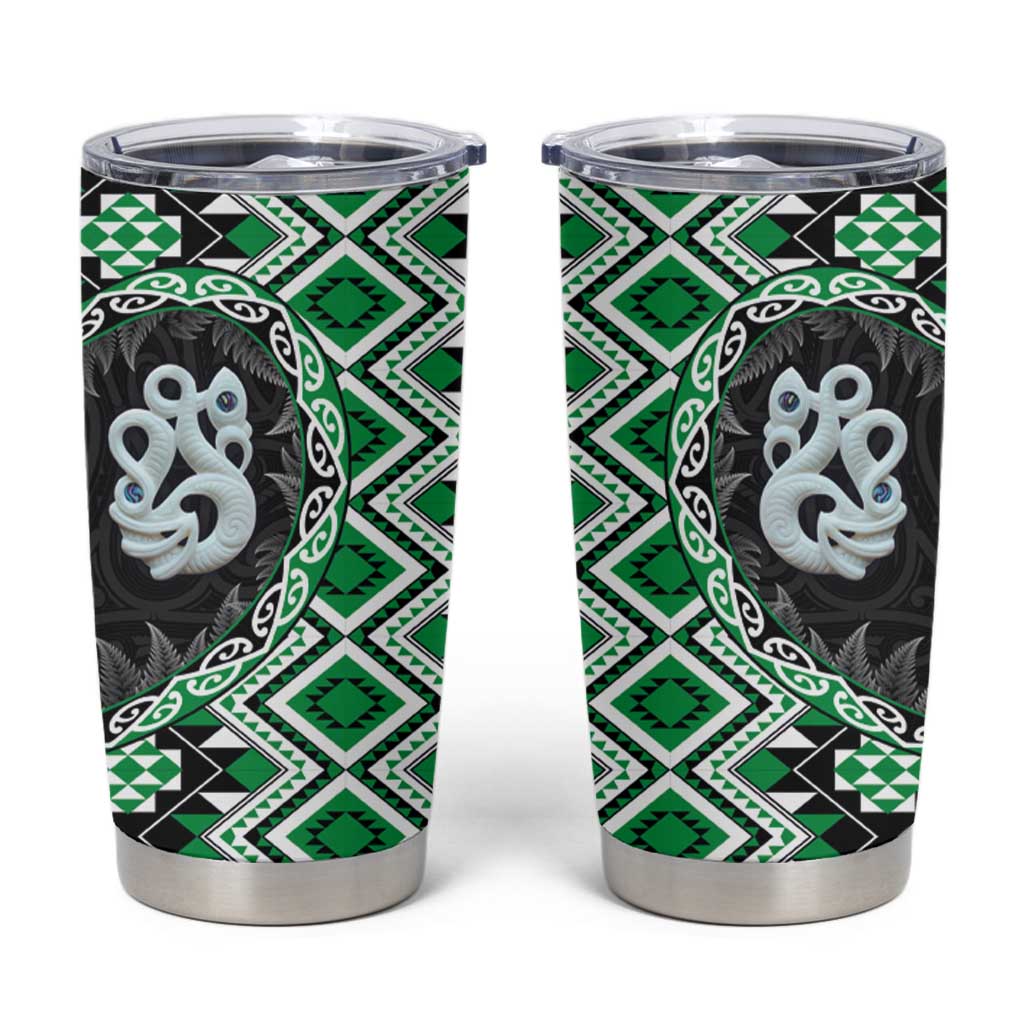 Green Taniko Motif Aotearoa Manaia and Silver Fern Tumbler Cup