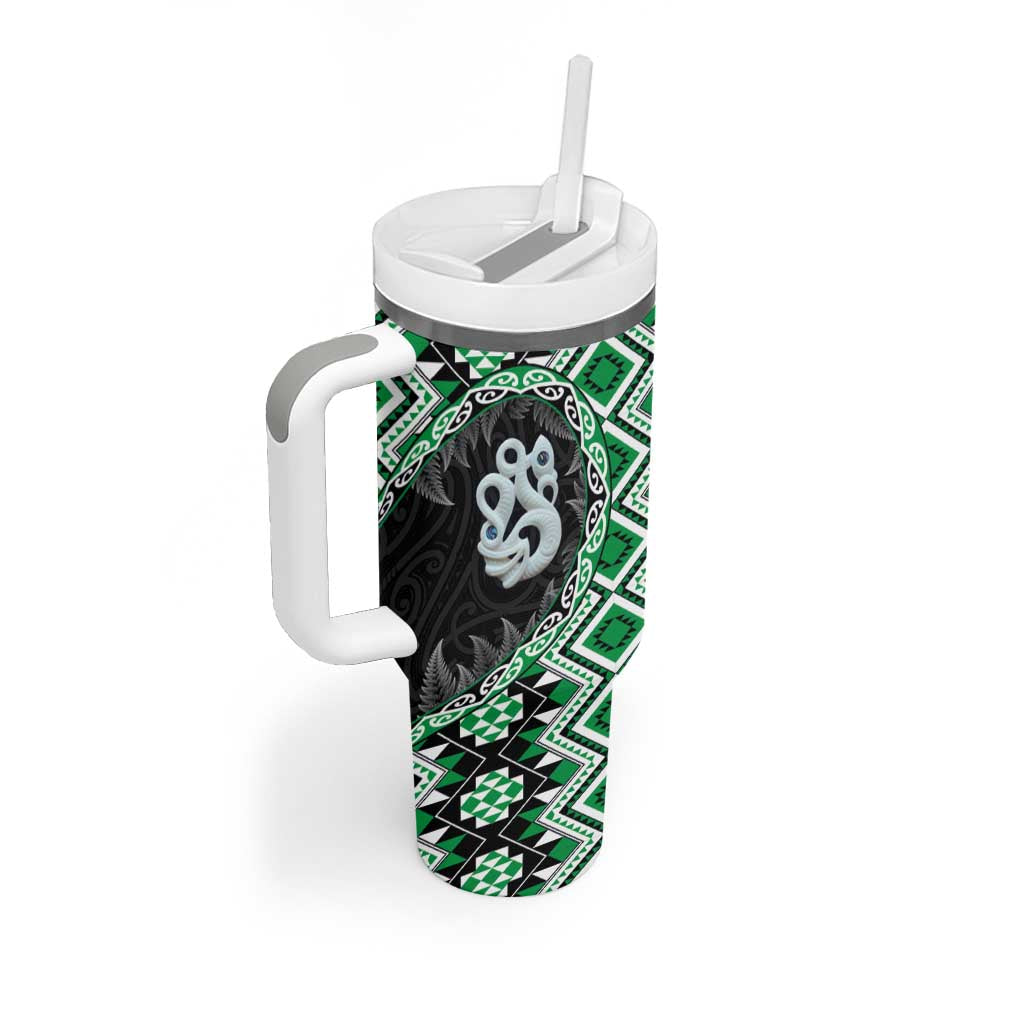 Green Taniko Motif Aotearoa Manaia and Silver Fern Tumbler With Handle