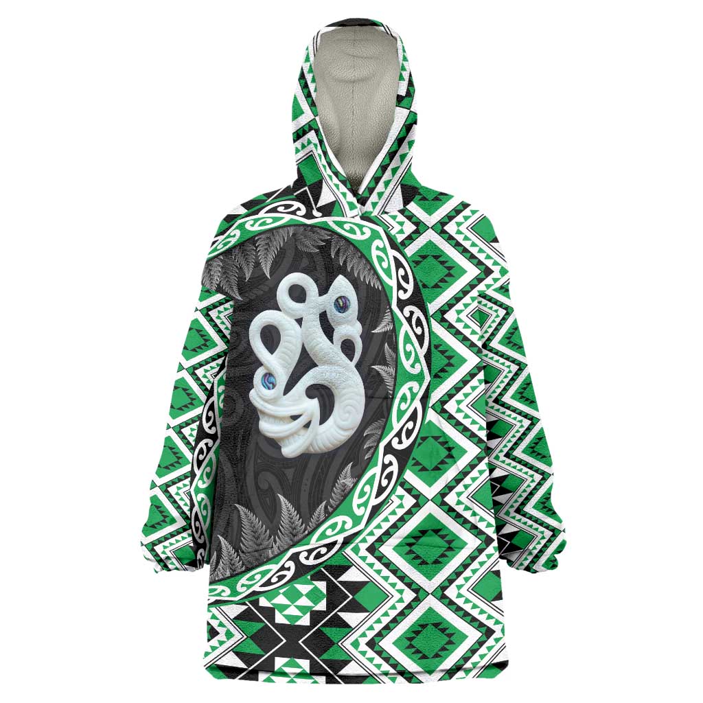 Green Taniko Motif Aotearoa Manaia and Silver Fern Wearable Blanket Hoodie