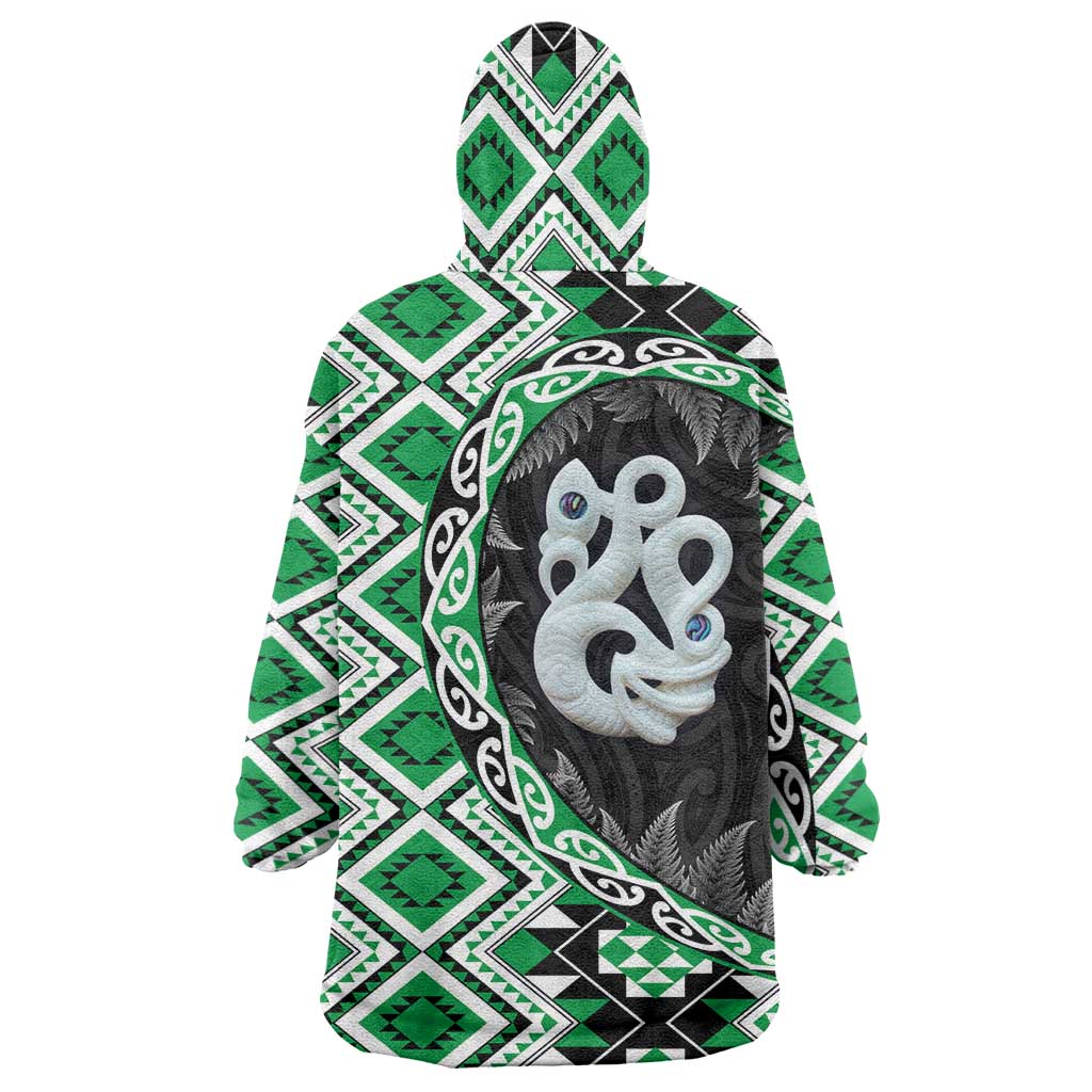 Green Taniko Motif Aotearoa Manaia and Silver Fern Wearable Blanket Hoodie