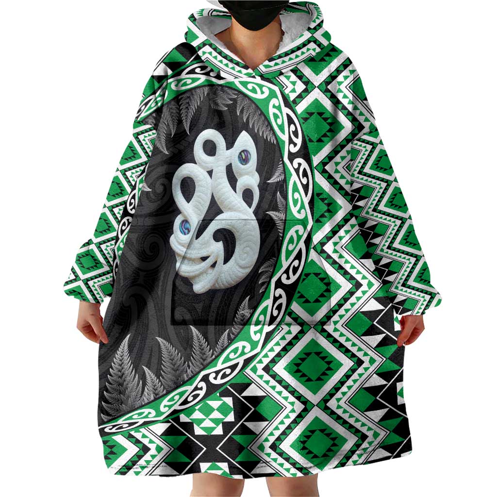 Green Taniko Motif Aotearoa Manaia and Silver Fern Wearable Blanket Hoodie