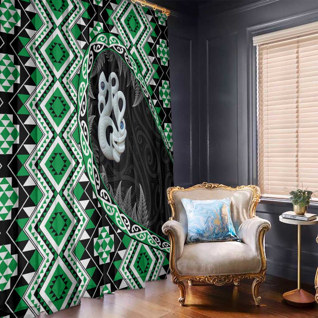 Green Taniko Motif Aotearoa Manaia and Silver Fern Window Curtain