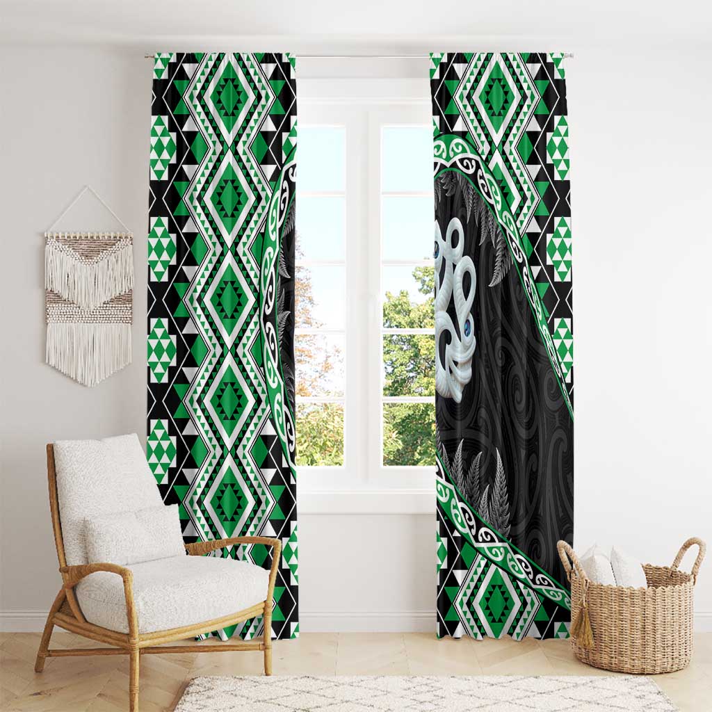 Green Taniko Motif Aotearoa Manaia and Silver Fern Window Curtain