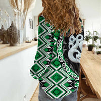 Green Taniko Motif Aotearoa Manaia and Silver Fern Women Casual Shirt
